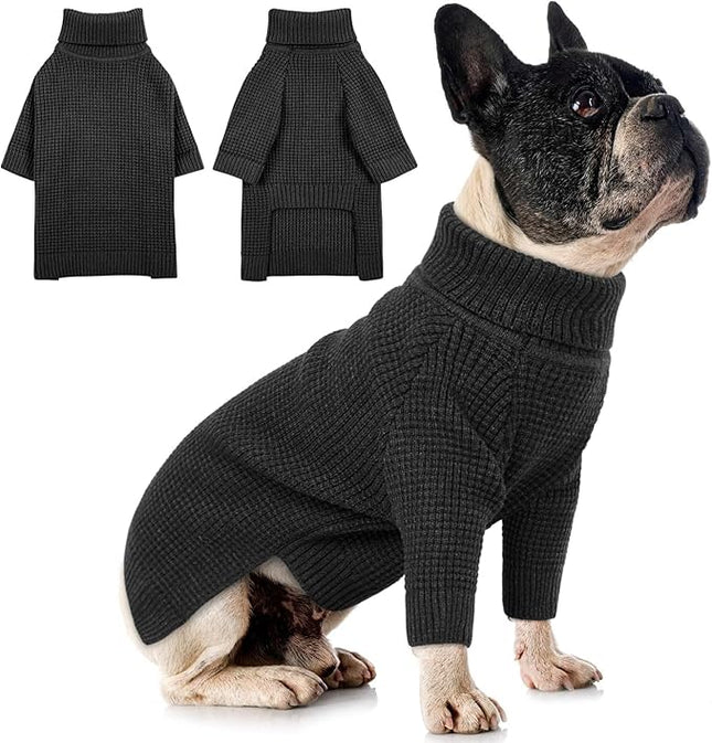 Queenmore Turtleneck Long Sleeve Knitted Sweater with Check Pattern, Fall Winter Warm Sweaters for Small to Large Dogs and Cats, Charcoal Gray