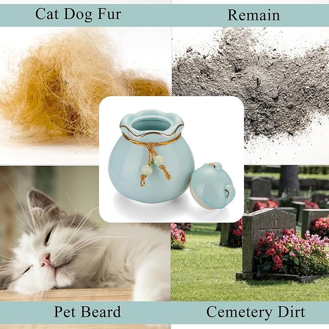 SOITIS Engraving Pet Memorial Urn for Cat or Dog Ashes - 3.54"x3.15" Elegant Ceramic Keepsake Holder with Cat-Shaped Lid & Gold Trim, Small Blue Urn for Pet Ashes