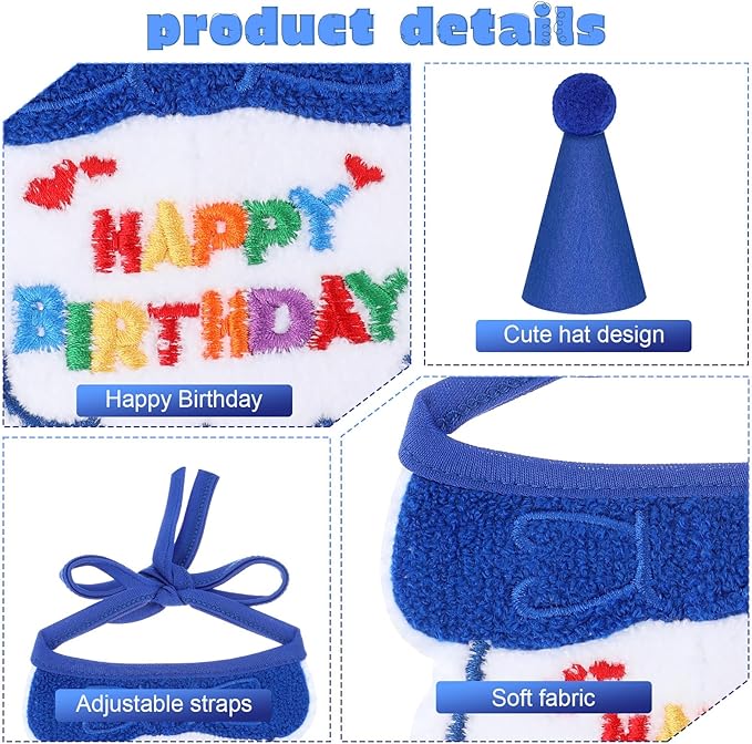 2pcs Cat Birthday Hat,Cute Birthday Hat for Cat,Adjustable Embroidered Cats Party Hats with Bib, for Girls, Boys, Kittens and Dogs Party Supplies Decoration Set (Blue)