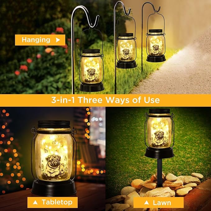 kyoryuger Pug Gifts for Women/Men Pug Solar Lanterns Dog Mom Birthday Dog Lovers Lantern Pet Loss Pet Memorial Lights Solar Garden Decoration for Yard, Patio,Backyard,Porch Torches