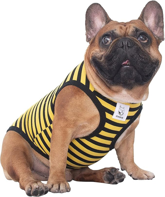 iChoue French Bulldog 100% Breathable Cotton Striped T Shirts Halloween Vest Clothes for Small Dogs Tank Tops Puppy Frenchie Pug English Boston Terrier Pitbull Yellow Black Stripes - Medium