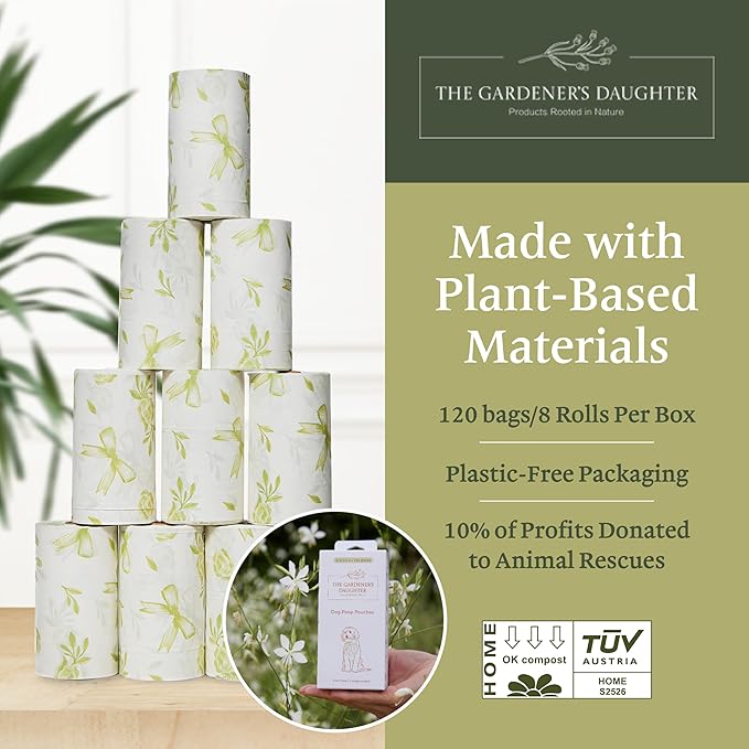 Compostable Dog Poop Bags – Lavender Scented, 120 Count | Leak-Proof, Extra Thick, Earth-Friendly | Elegant White with Green Ribbon Print | Fits Standard Dispensers by The Gardener’s Daughter