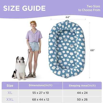 LE SURE Human Dog Bed for Adult - Calming Human Size Dog Bed with Egg Foam Supportive Mat and Storage Pocket, Cute Modern Pet Beds with Jacquard Shaggy Plush & Anti Slip Bottom 55x37x10, Blue