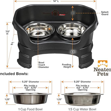 Neater Feeder Deluxe Mess Proof Cat Bowls Elevated for All Breeds – Made in USA – No Spill Raised Cat Bowls for Indoor Cats w/Leg Extensions – Stainless Steel Cat Food and Water Bowl Set - Black