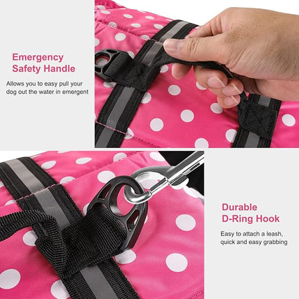 HAOCOO Dog Life Jacket Vest Saver Safety Swimsuit Preserver with Reflective Stripes/Adjustable Belt Dogs?Pink Polka Dot,XS