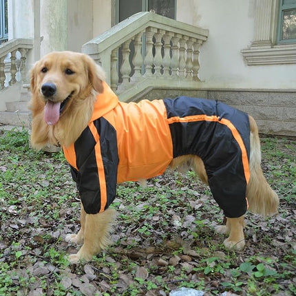 Lovelonglong Alaska Dog Hooded Raincoat, Golden Retriever Rain Jacket Poncho Waterproof Clothes with Hood Breathable 4 Feet Four Legs Rain Coats for Large Huge Dogs Orange L-XL+