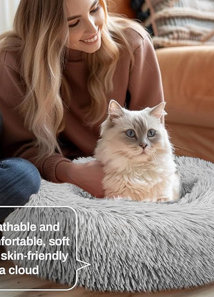 Cat Bed - Calming Cat Bed for Small Kittens Donut Washable Round for Indoor Kittens and Puppies, Anti-Slip Round Fluffy Plush Faux Fur, Small, Light Grey