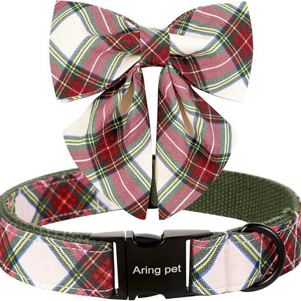 ARING PET Christmas Dog Collar, Cute Xmas Pet Collar with Sailor Bowtie Red and Green Plaid Bow Tie Collars with Metal Buckle for Puppy Small Medium Large Boy Girl Dogs-S
