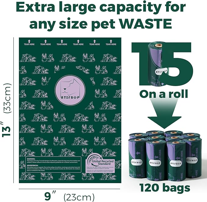 Dog Poop Bags Rolls, Extra Thick and Leak-proof Poop Bags for Dogs, 8 Refill Rolls, Scented Waste Bag for Dog and Cat, Made form 65% Recycled Plastics