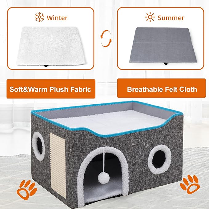 Cat Houses for Indoor Cats - Large Cat Bed Cave with Scratch Pad and Fluffy Ball, Foldable Cat Condo Hideaway with Reversible Cushion for Multi Small Pet, Light Grey
