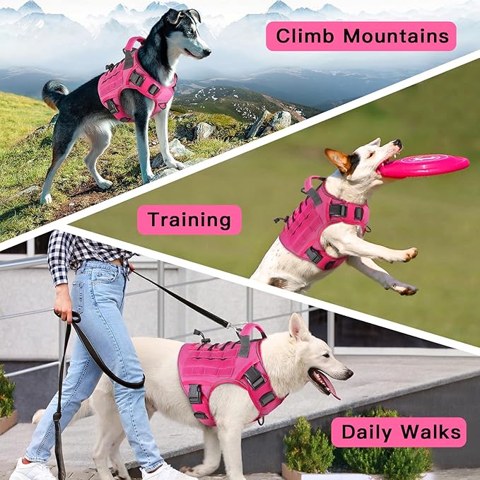 WINGOIN Pink Tactical Dog Harness for Large Dogs, Heavy Duty No Pull Dog Harness with Handle, Adjustable Reflective Military K9 German Shepherd Big Size Dog Vest for Walking, Training, Hunting (L)