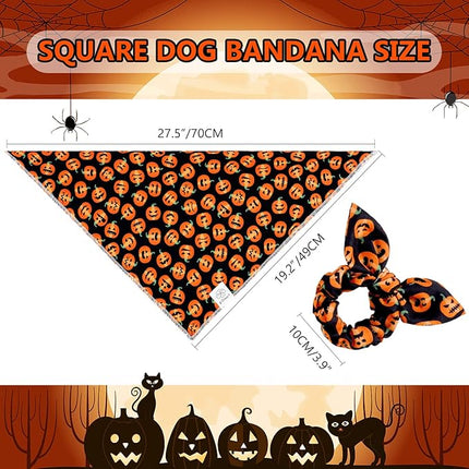 E-Clover Halloween Dog Bandanas & Matching Scrunchie Set Pumpkin Dog Scarf Kerchiefs Pet Outfit for Medium Large Dogs Owner Mom Orange Black Fall