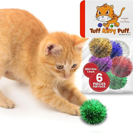 Tuff Kitty Puff Kats' N Us Cat Toy - Mini Size 1 Inch - Sparkle Ball Cat Toys - Glitter Assorted Colors (Pack of 6)