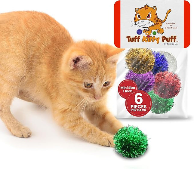 Tuff Kitty Puff Kats' N Us Cat Toy - Mini Size 1 Inch - Sparkle Ball Cat Toys - Glitter Assorted Colors (Pack of 6)