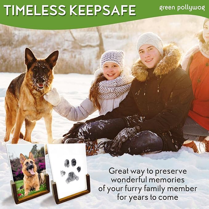 Green Pollywog | Wood Base Pawprint Frame Kit | (2) 4” x 6” Vertical Wooden Picture Frames | Extra-Large Clean Touch Ink Pad | Dog Paw Print Gifts | No Mess Ink Pad | Pet Memorial Picture Frame