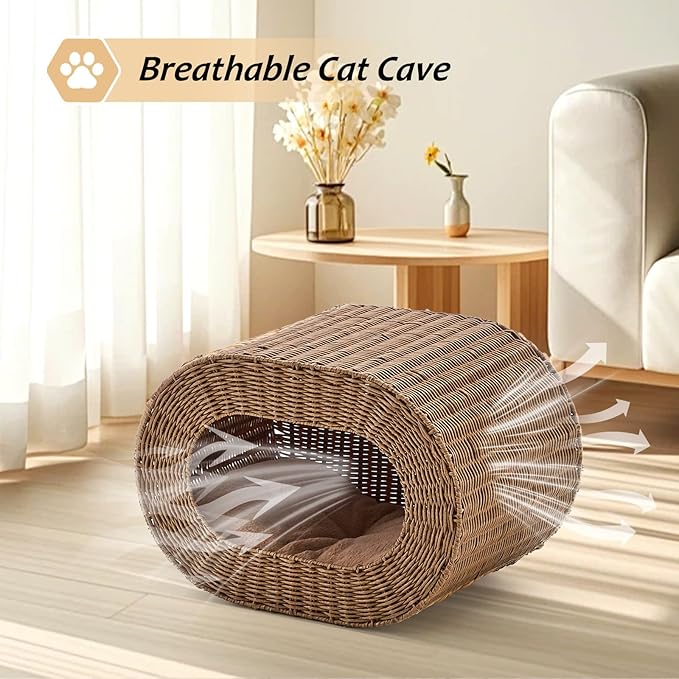 Cat House,Handwoven Cat Cave Pet Cube, Rattan Cat Beds Indoor Kitten House with Double-Sided Soft Cushions, Pet Cat House for Multiple Cats, for Living Room Bedroom