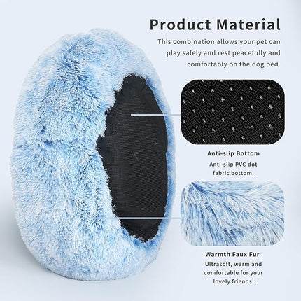 Dog Beds for Medium Dogs Washable Calming Blue Fluffy and Soft Anti Anxiety Faux Fur Round 30 in Pet Bed for Doggie