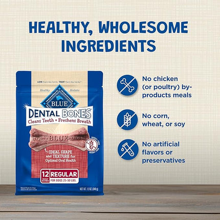 Blue Buffalo Dental Bones Regular Natural Dental Chew Dog Treats Bag, 12oz. Bag