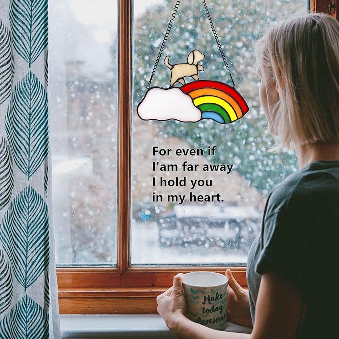 Stained Glass Rainbow Bridge Pet Memorial Gifts for Dogs,Yellow Dog Memorial Gifts for Loss of Dog,Suncather for Window Hanging,in Memory of Dog Passing Away Gifts,Loss of Dog Sympathy Gift