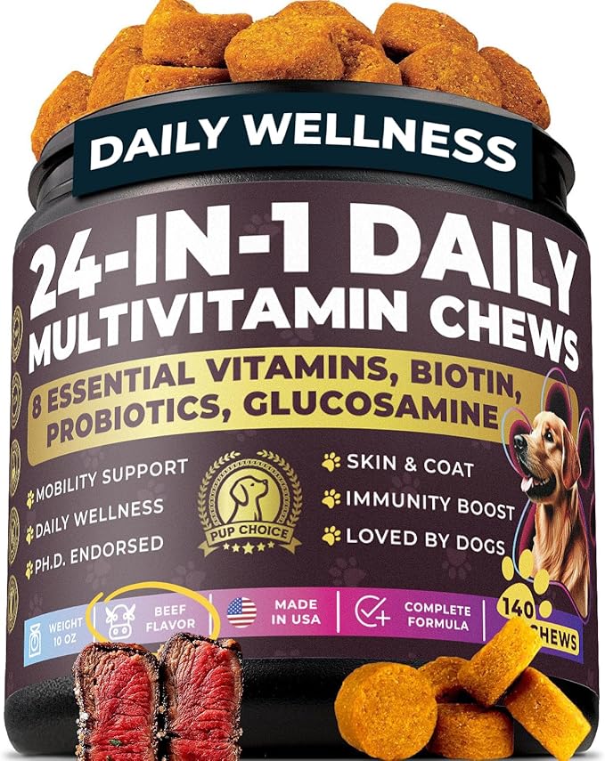 24-in-1 Complete Multivitamin Treats for Dogs - PhD Endorsed 8 Vitamins, Biotin, Probiotics, Glucosamine - Daily Wellness, Immunity, Skin & Coat, Mobility 140 Treats - Beef Flavor - Made in USA