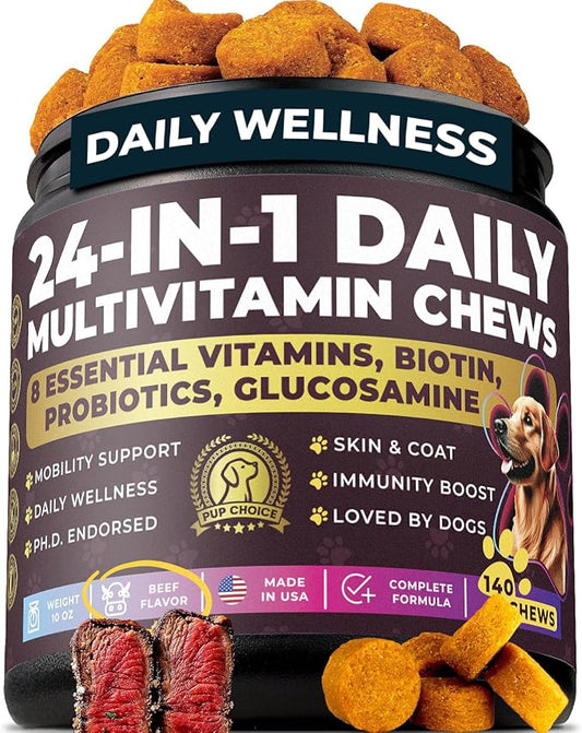 24-in-1 Complete Multivitamin Treats for Dogs - PhD Endorsed 8 Vitamins, Biotin, Probiotics, Glucosamine - Daily Wellness, Immunity, Skin & Coat, Mobility 140 Treats - Beef Flavor - Made in USA