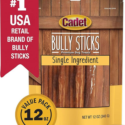 Cadet Bully Sticks for Small Dogs – All-Natural Beef Pizzle, High Protein, Low Fat, Long-Lasting, Grain & Rawhide-Free Dog Chews for Aggressive Chewers, Small (12 Ounce)