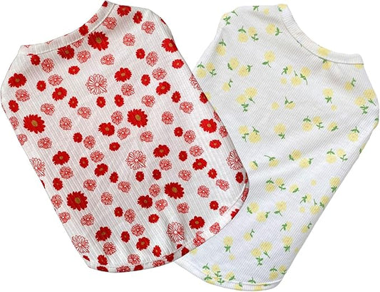 2PCS Summer Dog Cotton T Shirt Pet Tee Shirts Puppy Daisy Flower Prints Clothes Apparel for Small Dogs Cats