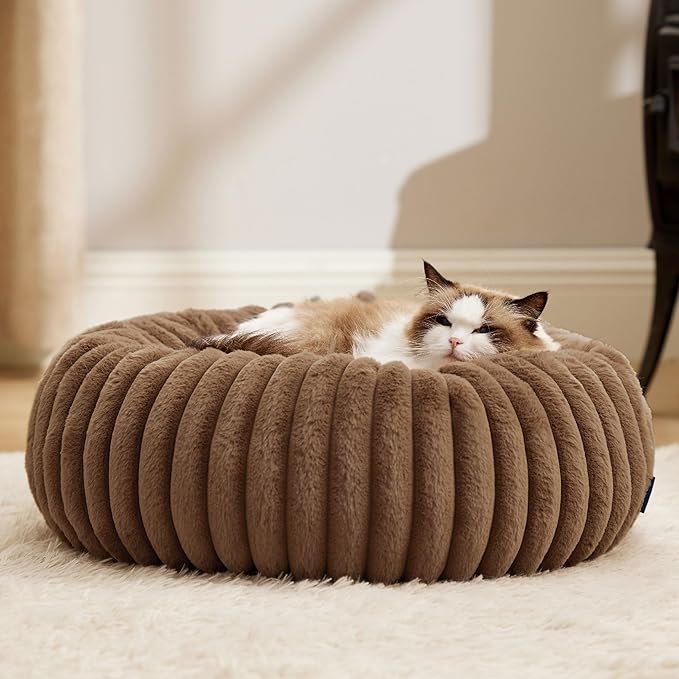 Bedsure Cat beds for Indoor Cats - Donut Dog Beds for Small Dogs with Corduroy Fleece & Anti Slip Bottom, Faux Fur Pet Beds with Washable Removable Cover, Camel Brown, 20x20x6 inches