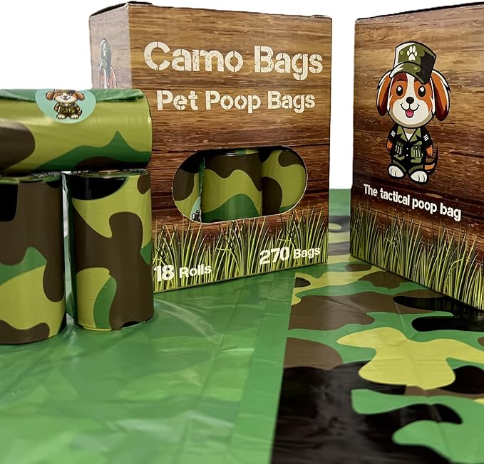Pet poop bags with a camouflage pattern. Dog poop bags rolls for dog walking, dog parks, and the yard.