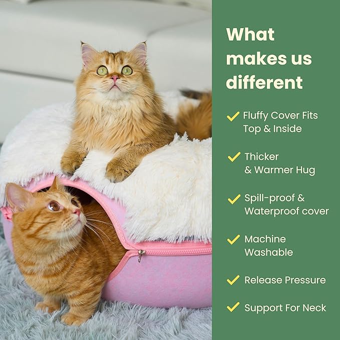 CATTASAURUS Peekaboo Cat Cave for Multiple & Large Cats Up to 30-45 Lbs, Fluffy Cat Beds for Indoor Cats, Scratch Detachable & Washable Tunnel Bed, Comfy Donut Cave (Pink, Large (Calming))