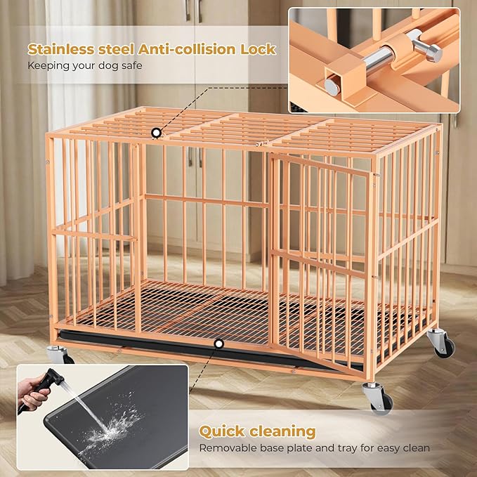 48 in Orange Heavy Duty Dog Crate Steel Escape Proof, Indoor Double Doors and Lockable Wheels,Removable Tray, for Medium and Large Large Dog Breeds,XL,XXL