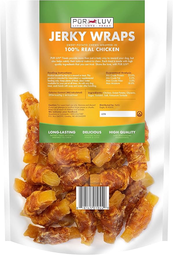 Pur Luv Chicken Wrapped Sweet Potato Dog Treats, Rawhide Free Jerky Wraps, Made with Real Chicken, 16 Oz, Healthy, Easily Digestible, Long Lasting, High Protein Treat, Satisfies Dog's Urge to Chew