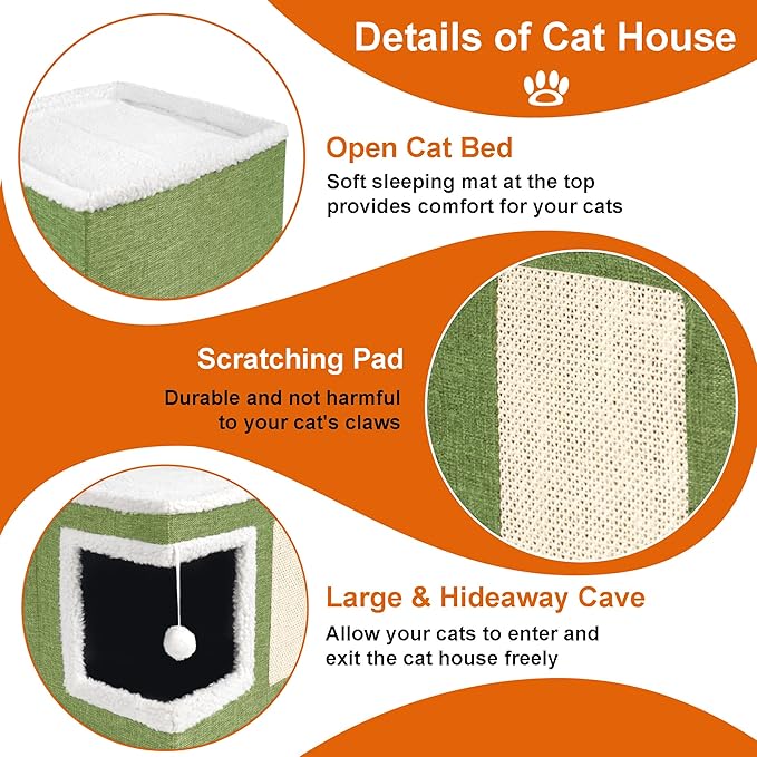 Cat Houses for Indoor Cats - Large Cat Bed Cave with Scratch Pad and Fluffy Ball, Foldable Cat Condo Hideaway with Reversible Cushion for Multi Small Pet, Green