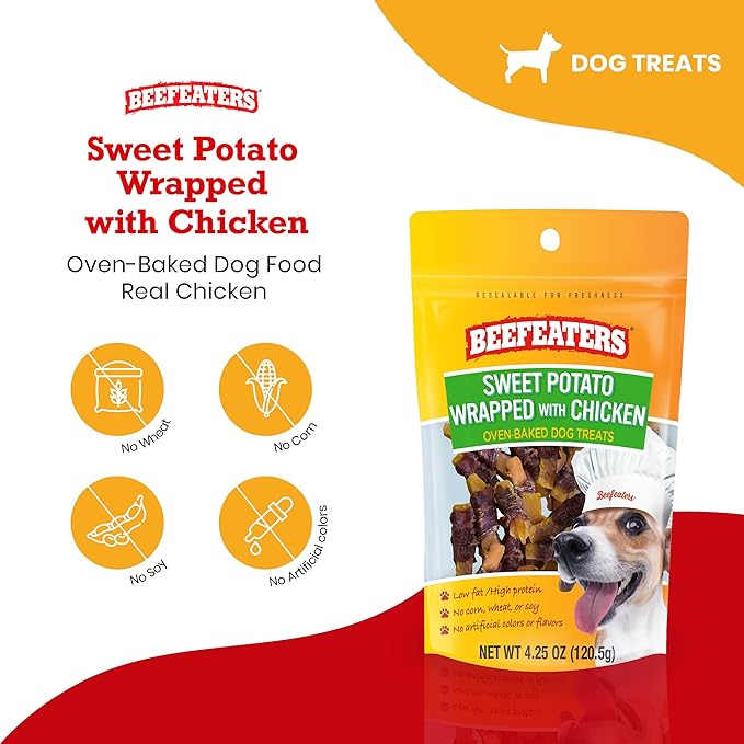 Beefeaters Sweet Potato Wrap with Chicken – Dog Treat. No Corn, Wheat, Soy or Gluten, Low Fat, Whole Muscle Jerky, Ideal for Training & Snacks