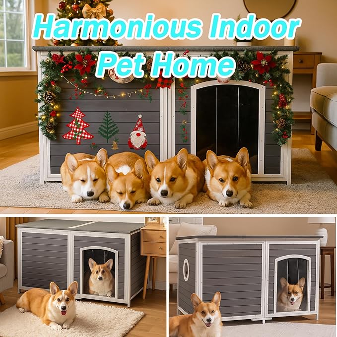 Geguri All-Weather Dog House for Medium to Large Dogs | Weatherproof Asphalt Roof, Chew-Proof Frame, Elevated Base, Extra Large (Grey, 59.1" L × 34.3" W × 34.6" H)