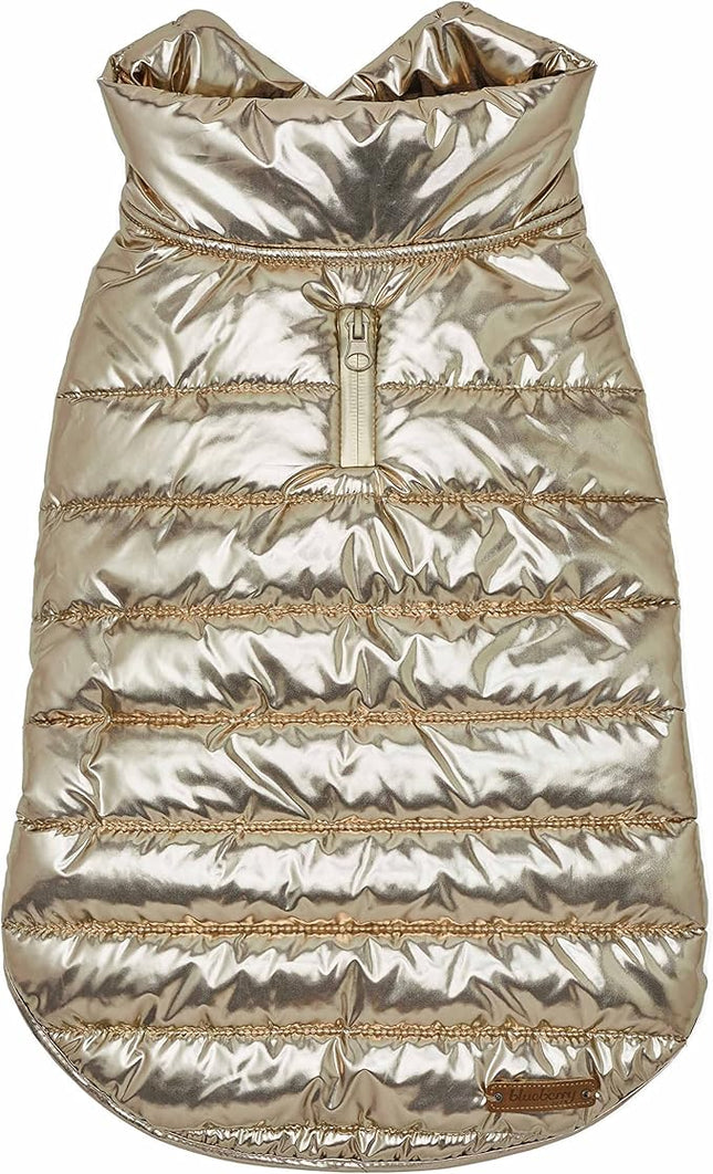 Blueberry Pet Cozy & Comfy Windproof Lightweight Quilted Fall Winter Glossy Dog Puffer Jacket in Gold, Back Length 14", Size 12, Warm Coat for Small Dogs