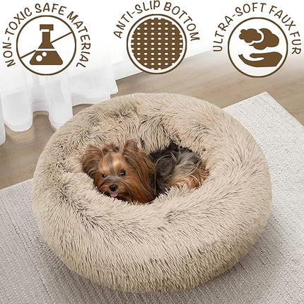 Friends Forever Donut Dog Bed Faux Fur Fluffy Calming Sofa For Large Dogs, Soft & Plush Anti Anxiety Pet Couch For Dogs, Machine Washable Coco Pet Bed with Non-Slip Bottom, 36"x36"x8" Tan