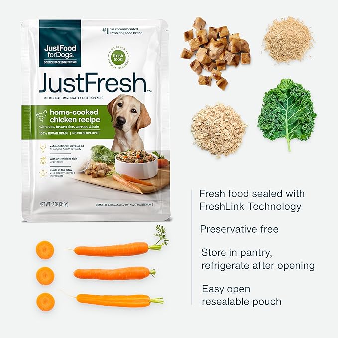 JustFoodForDogs JustFresh Home-Cooked Chicken Dog Food with No Preservatives, Resealable Packaging, Human Grade Wet Dog Food, 12 oz - 7 Pack