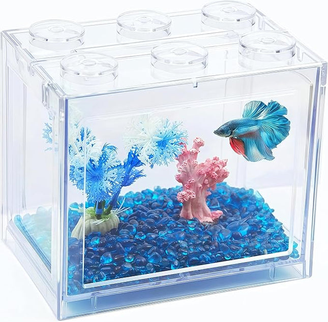 Small Betta Fish Tank, Stackable Mini Fish Tank Aquarium Tank Kit, 3/5 Gallon Rectangular Fish Bowl with Aquarium Gravel Decoration, Tiny Cube Tank for Seaweed Balls Sea Monkeys