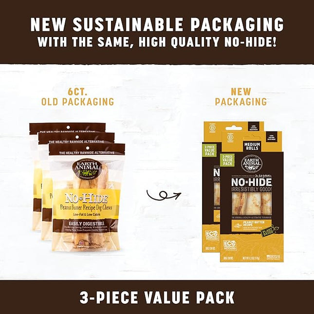 Earth Animal No Hide Chews - Long Lasting Rawhide Free Medium Dog Chews Rolls, Peanut Butter - 3 Count Value Pack