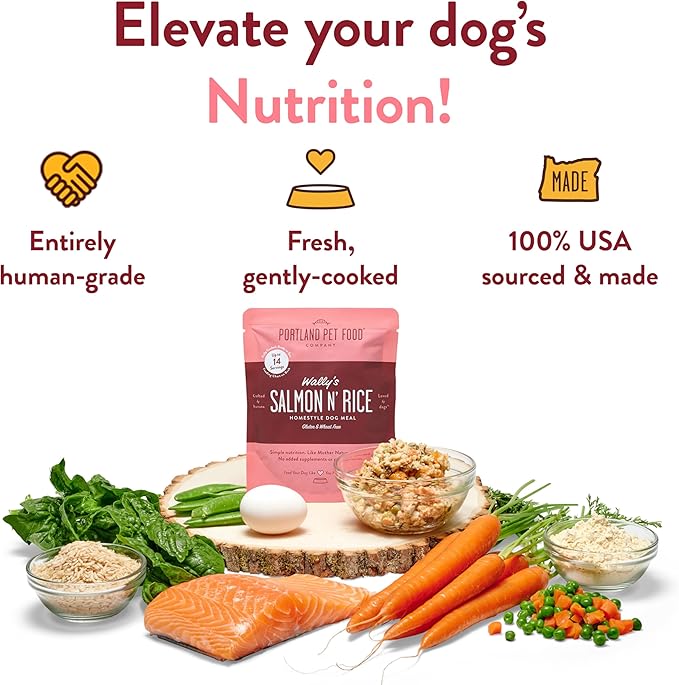 Portland Pet Food Company Wally's Salmon N' Rice Fresh Dog Food Pouches - Human-Grade, Gluten-Free Wet Pet Meal Topper & Mixers - Small & Large Breed Puppy & Senior Dogs - Made in The USA - 5 Pack
