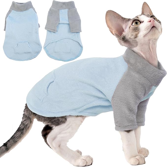 PUMYPOREITY Turtleneck Sweater for Sphynx Cat, Soft Coral Fleece Cat Clothes, Thick Winter Warm Outfit Coat with Sleeves, XL, Blue