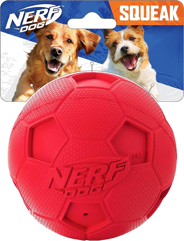 Nerf Dog Soccer Ball Dog Toy with Interactive Squeaker, Lightweight, Durable and Water Resistant, 4 Inches, for Medium/Large Breeds, Single Unit, Red
