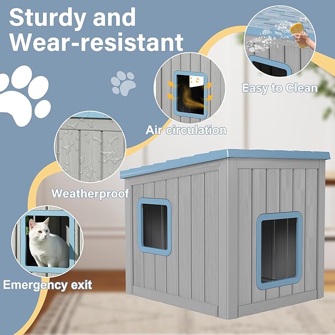 LHBcraft Outdoor Cat House Weatherproof, Clawsable Cat Houses for Outdoor Indoor Cats, Feral Cat House Shelter, Resin Insulated Material, Emergency Exit Easy to Clean and Install, Blue