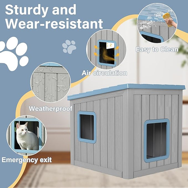 LHBcraft Outdoor Cat House Weatherproof, Clawsable Cat Houses for Outdoor Indoor Cats, Feral Cat House Shelter, Resin Insulated Material, Emergency Exit Easy to Clean and Install, Blue