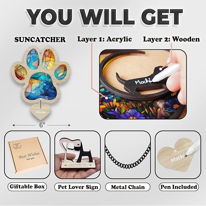 6'' Pet Paw Suncatcher Memorial Custom Name Dog Cat Ornament Window Hanging Sympathy Gift Loss of Pet Passing Away Bereavement Keepsake for Pet Lover Ideas Gift in Loving Memory