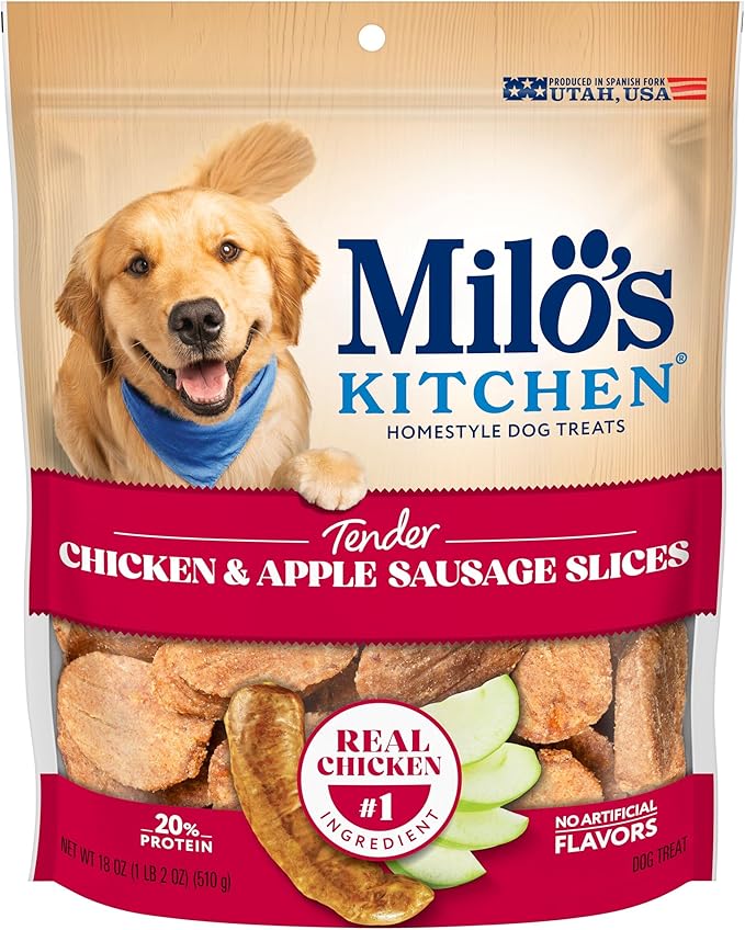 Milo's Kitchen Homestyle Dog Treats, Chicken & Apple Sausage Slices, 18 Ounce, High Protein, No Artificial Flavors