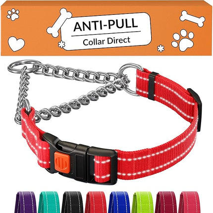 CollarDirect Martingale Dog Collar with Stainless Steel Chain and Quick Release Buckle - Reflective Collar for Large, Medium, Small Dogs - Red, Small (Neck Size 12"-15")