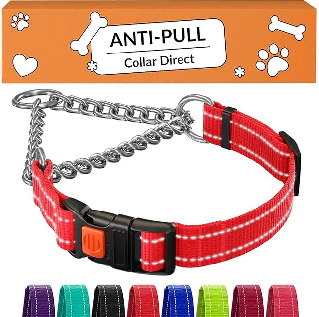 CollarDirect Martingale Dog Collar with Stainless Steel Chain and Quick Release Buckle - Reflective Collar for Large, Medium, Small Dogs - Red, Small (Neck Size 12"-15")