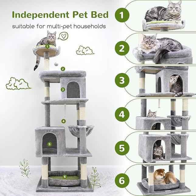 Globlazer Heavy Duty Cat Trees for Large Cats, Sturdy 72in Maine Coon Cat Tree for Large Cats 20 lbs+ Heavy Duty Cat Tower for Adult Biggest Cat with 6 Scratching Posts, Hammock, S72, Light Grey